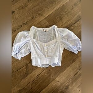 Zara S Milkmaid Coquette Peasant Crop Top Puff Sleeve Smocked Blue Balletcore
